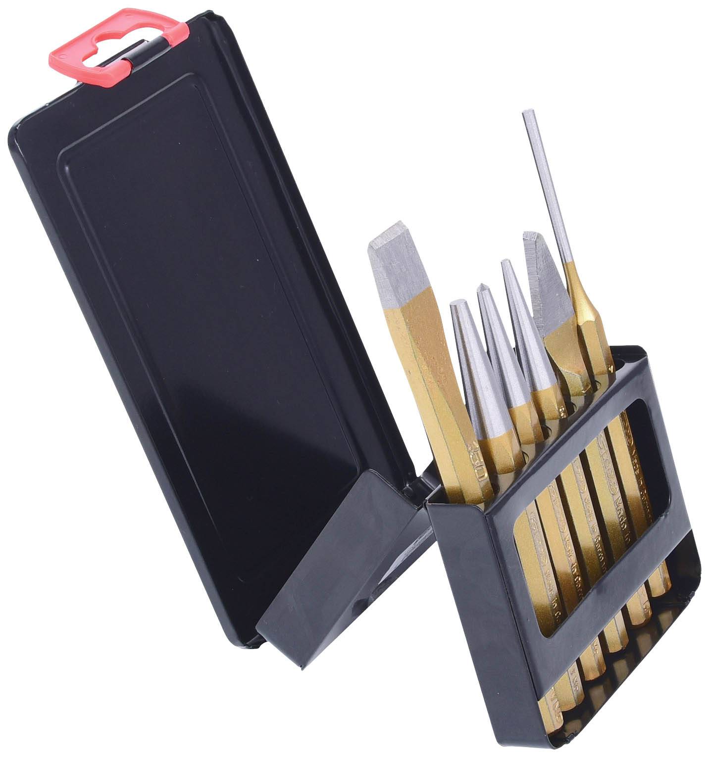 Ein Meißel- und Körnerset mit verschiedenen Größen, ordentlich in einer schwarzen Kunststoffbox mit rotem Verschluss angeordnet.