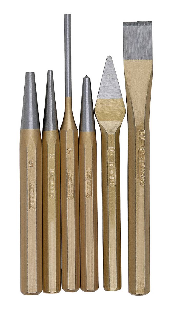 Sechs Metallwerkzeuge mit verschiedenen Spitzenformen: Rund, spitz und flach. Werkzeugset zur Metallbearbeitung.