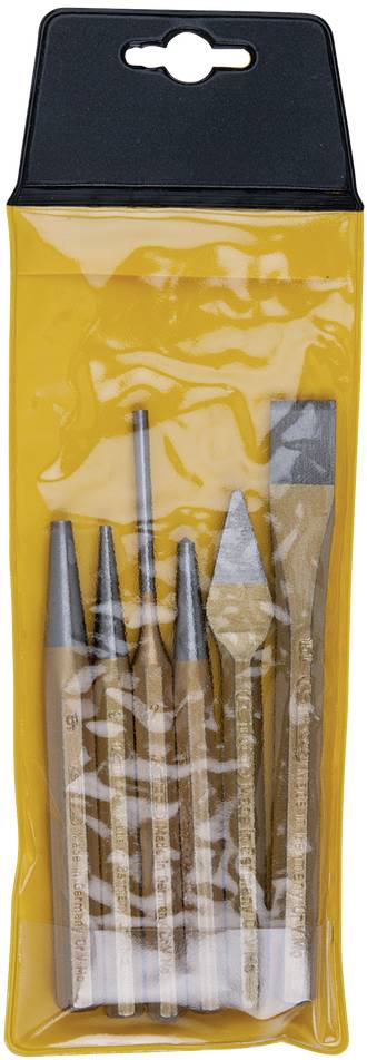 Ein Set von sechs Stemmeisen in einer gelben Kunststoffverpackung. Die Werkzeuge haben Metallspitzen und Holzgriffe, geeignet für Handarbeiten.