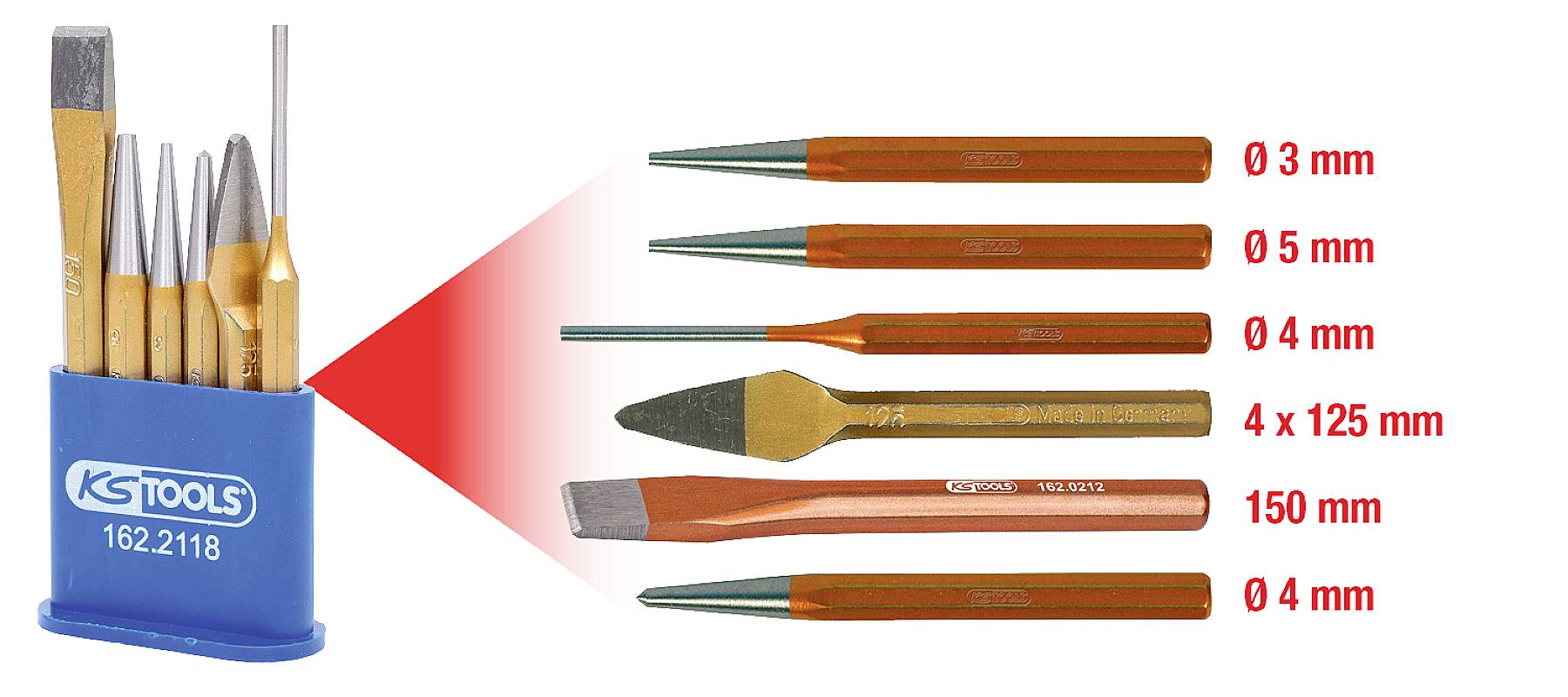 Ein Set aus sechs Stiften und Meißeln in einem blauen Halter. Jeder Stift hat eine orange-grüne Spitze und unterschiedliche Durchmesser: 3 mm, 5 mm, 4 mm, 4 x 125 mm, 150 mm, und 4 mm.
