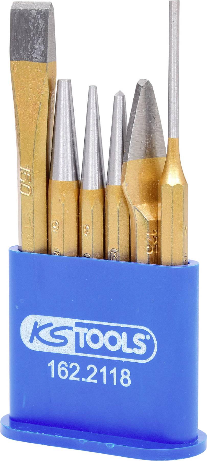 Ein Satz Meißel und Körner in einem blauen Halter mit der Aufschrift 'KS TOOLS 162.2118'.