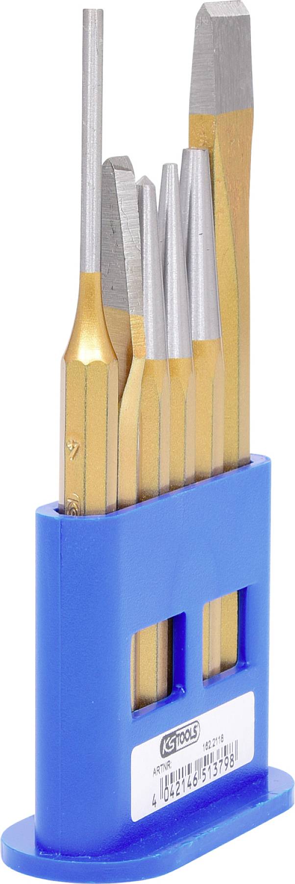 Ein blaues Halterset mit sechs verschiedenen Handwerksmeißeln aus Metall, die jeweils unterschiedliche Spitzenformen haben.