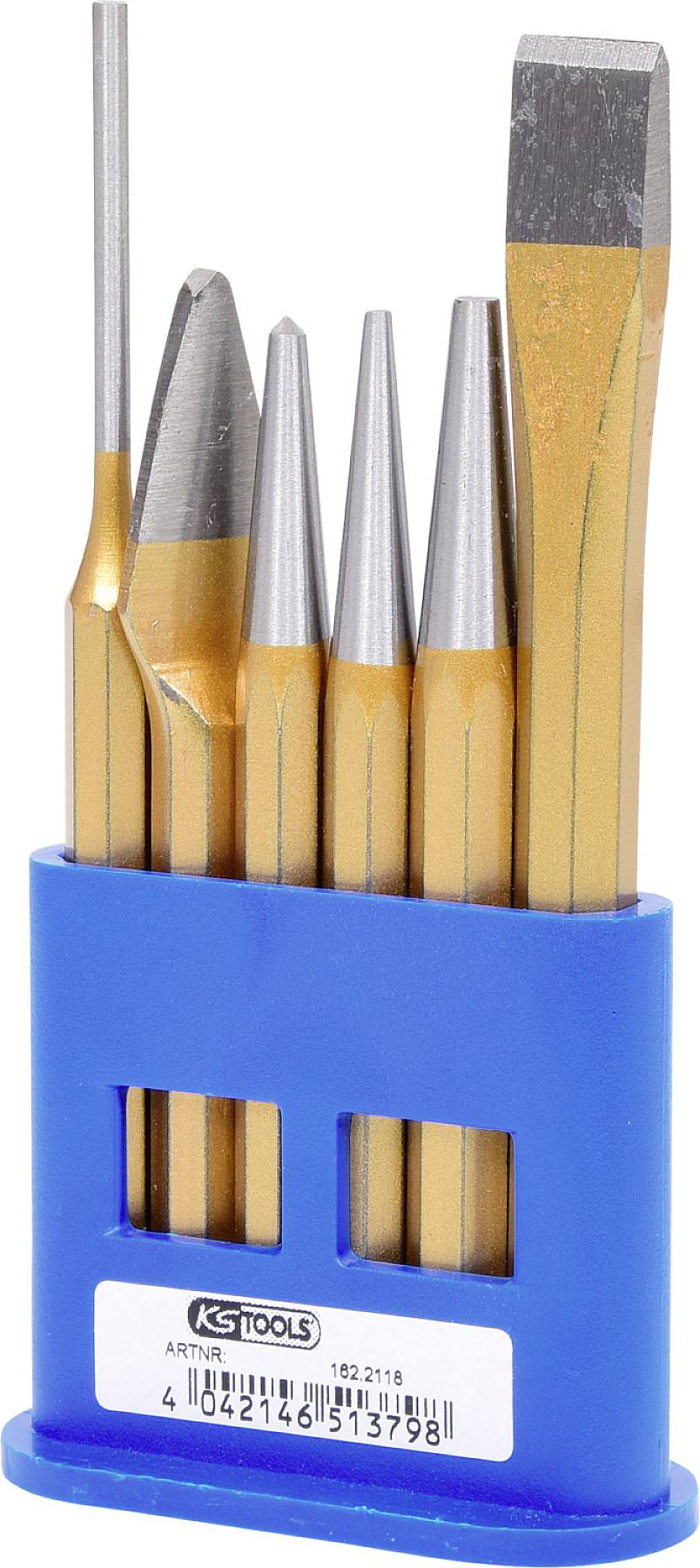 Ein Set aus fünf goldfarbenen Meißeln und Körnern in einem blauen Halter, geeignet für präzises Arbeiten in der Werkstatt.