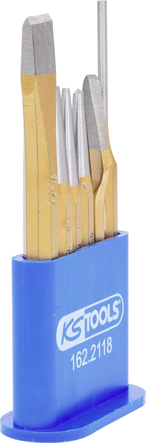 Ein Satz Schlagstifte in einem blauen Kunststoffhalter mit der Aufschrift 'KS TOOLS 162.2118', verschiedene Größen der Schlagstifte sichtbar.