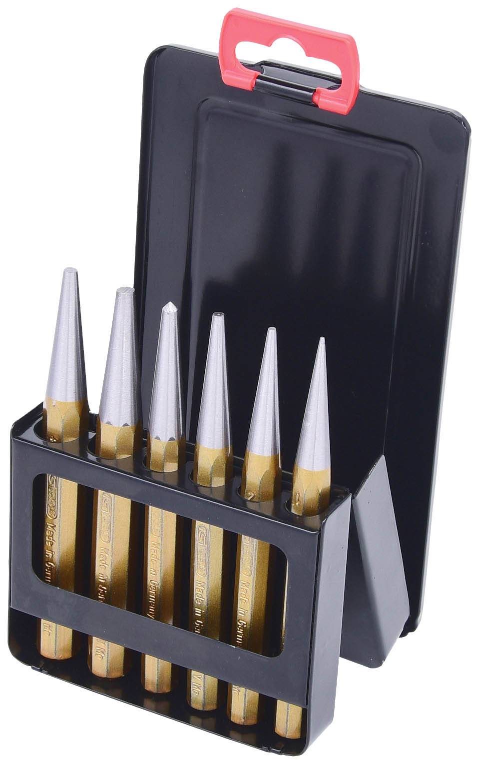 Sechs konische Metallbohrer in verschiedenen Größen, geordnet in einer schwarzen Plastikhalterung mit einer roten Aufhängevorrichtung.