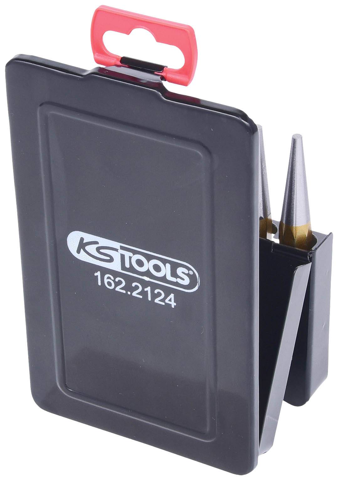 Schwarzer Kunststoffkoffer mit der Aufschrift 'KS TOOLS 162.2124', zeigt zwei konische Werkzeuge in einem Halter an der Seite.