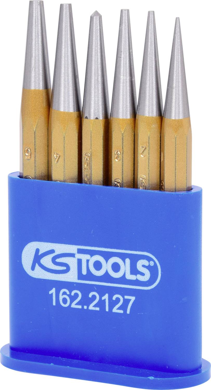 Ein Satz von sechs silbernen Zentrierstempeln mit goldenen Griffen, aufgestellt in einem blauen Halter mit der Aufschrift 'KG TOOLS 162.2127'.