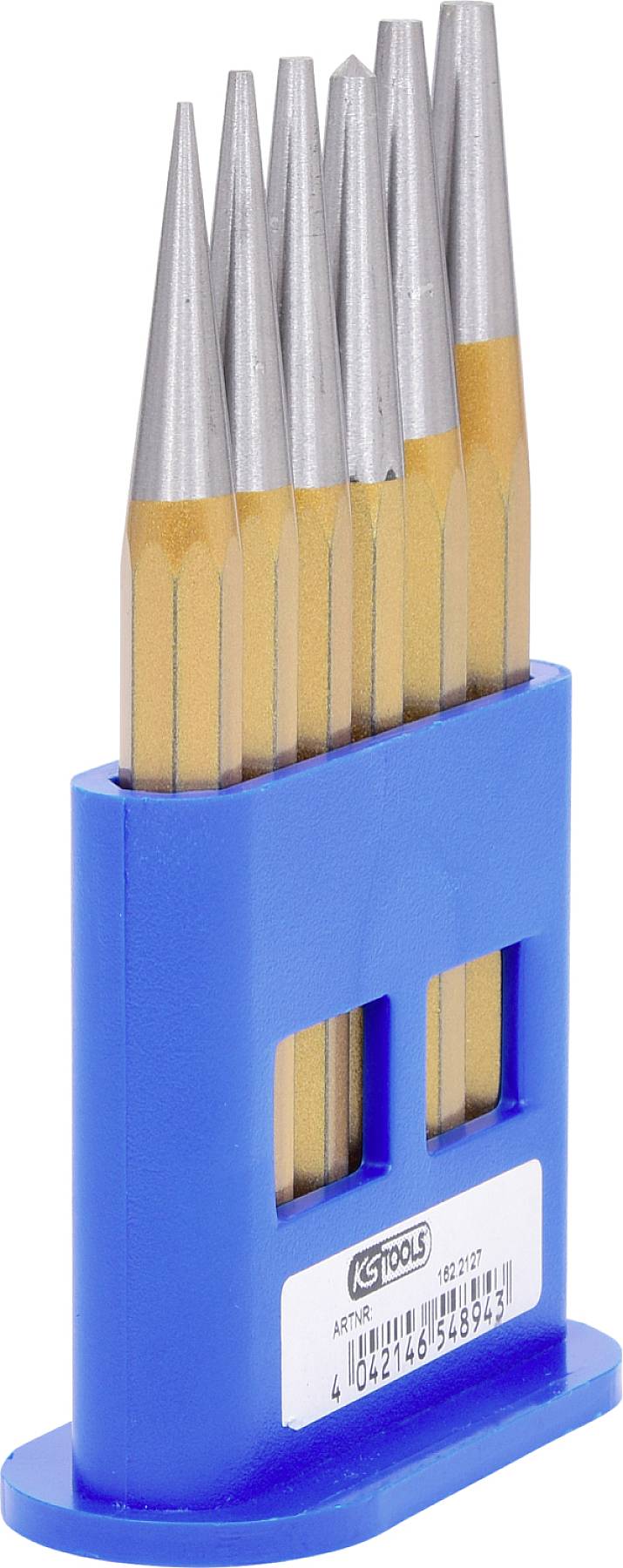 Satz spitzer Meißel mit Metallspitzen, in einem blauen Plastikhalter stehend, Etikett mit Barcode auf der Vorderseite.