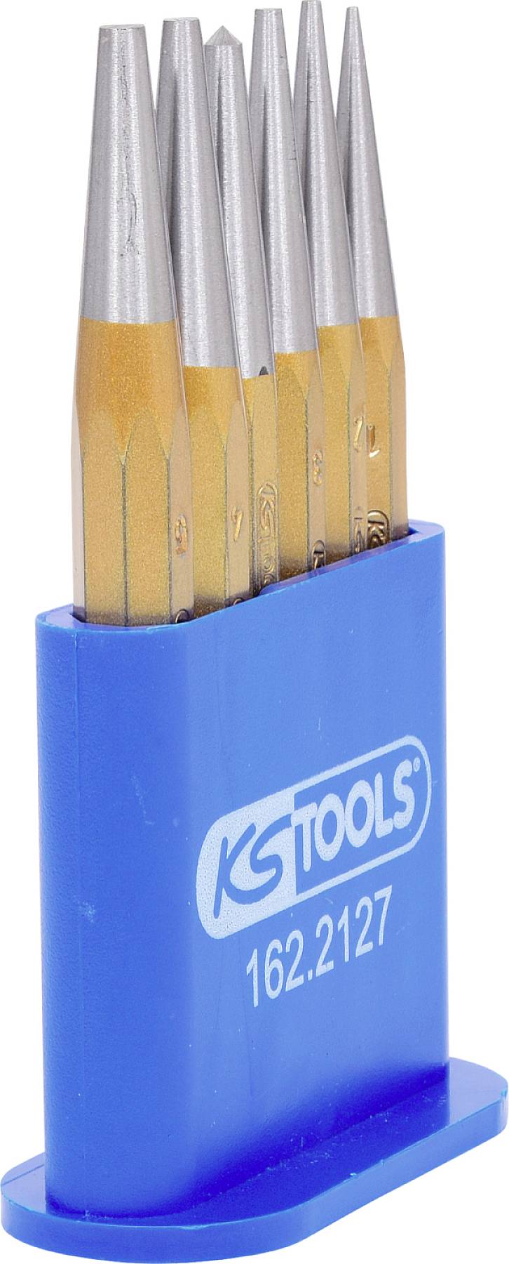 Ein blaues Etui mit dem Logo 'KS TOOLS' enthält sechs Präzisionsstempel mit silbernen Spitzen, die vertikal angeordnet sind.