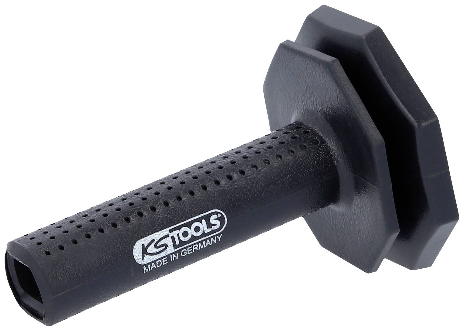 Ein schwarzer Kunststoffgriff mit Löchern. Aufschrift: 'KS TOOLS MADE IN GERMANY'. Geeignet für den Einsatz mit Werkzeugen.