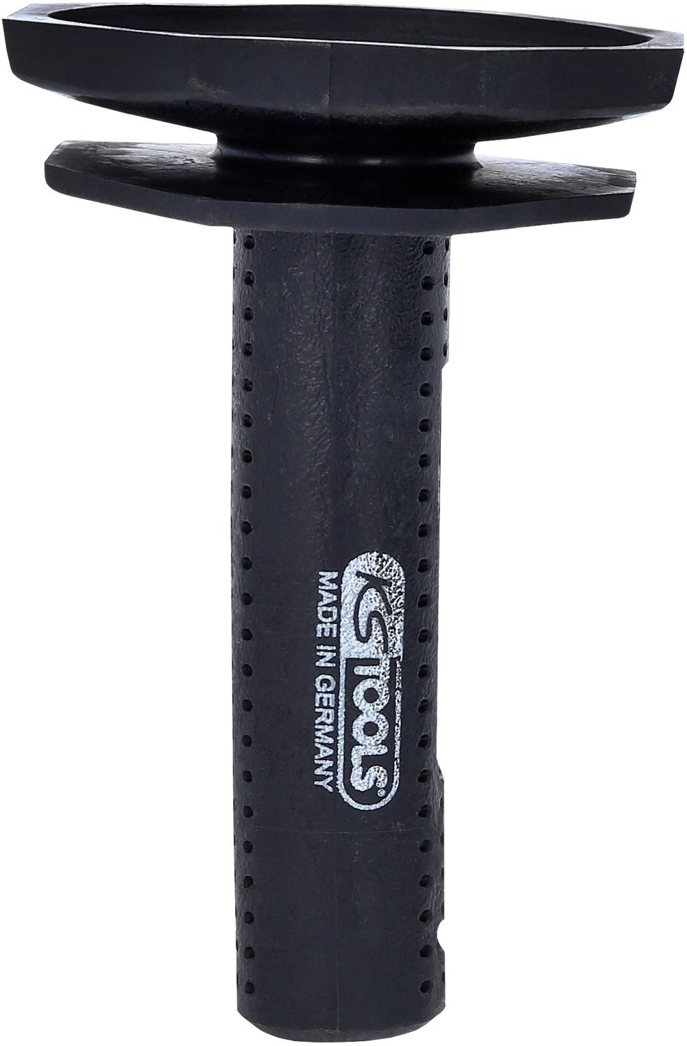 Ein schwarzes Werkzeug mit der Aufschrift 'TOOLS MADE IN GERMANY'. Es hat einen runden, flachen Kopf und einen langen, geriffelten Griff.