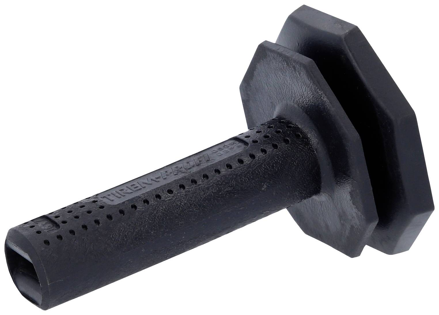 Ein schwarzer Gummistopfen mit zwei hexagonalen Scheiben und einem zylindrischen, perforierten Schaft. Verwendet für Abdichtung.