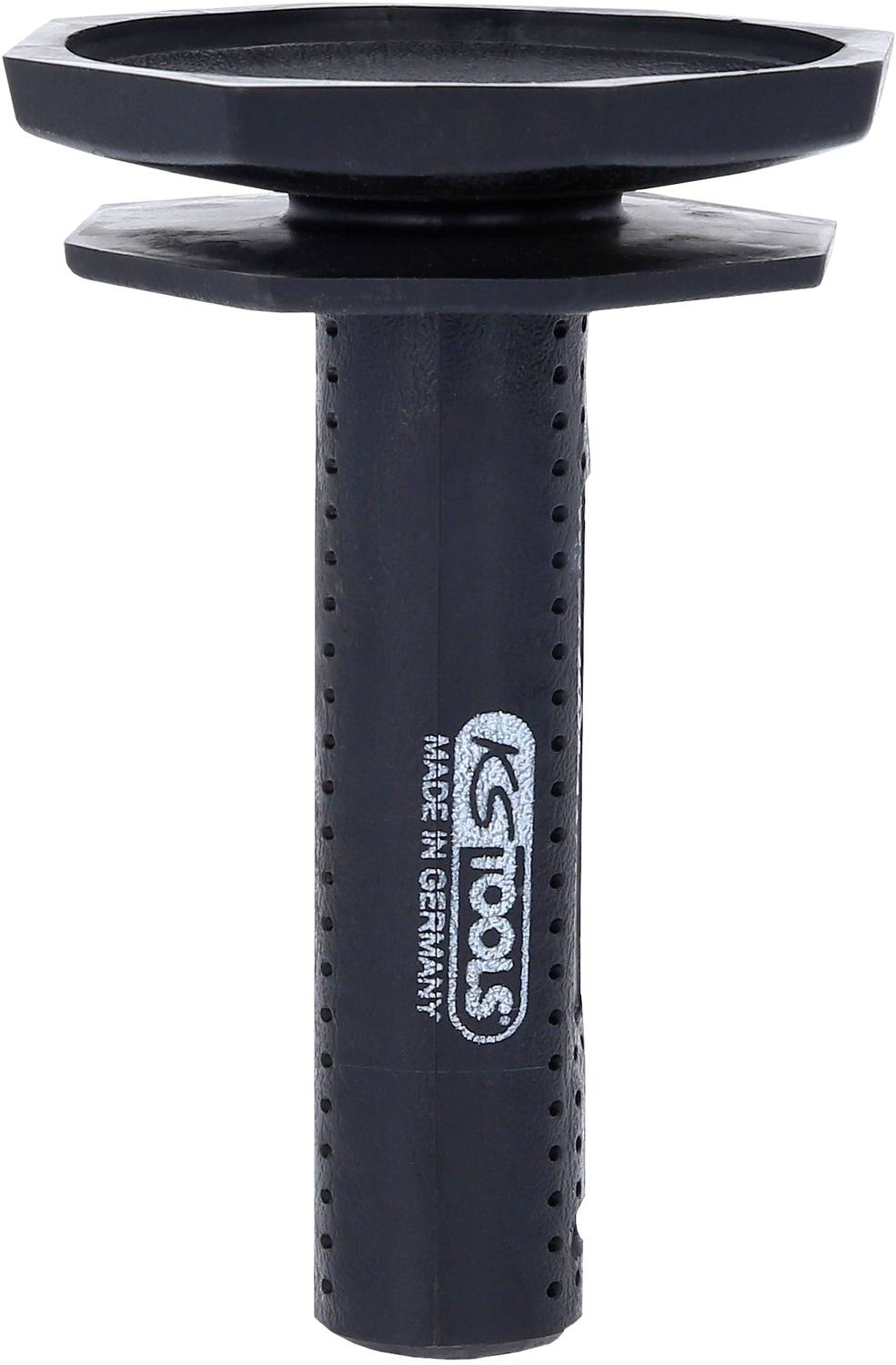 Schwarzer, zylindrischer Bremssatteldruckpresseinsatz mit quadratischer Basis, beschriftet mit 'KS Tools Made in Germany'.