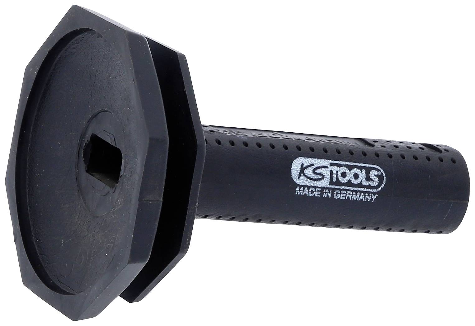 Ein schwarzes Werkzeug aus Kunststoff mit einem hexagonalen Kopf, einer quadratischen Öffnung und der Aufschrift 'KS Tools - Made in Germany'.