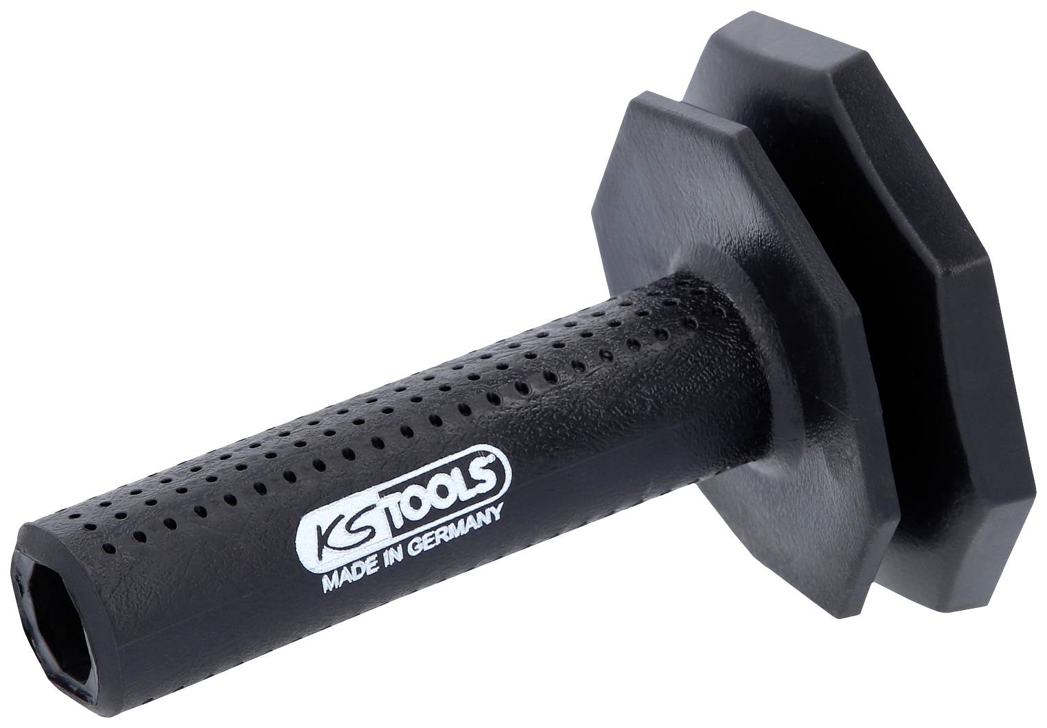 Ein schwarzer Abzieher mit einem Sechskant-Griff und perforierter Oberfläche. Auf dem Griff steht 'KS Tools Made in Germany'.