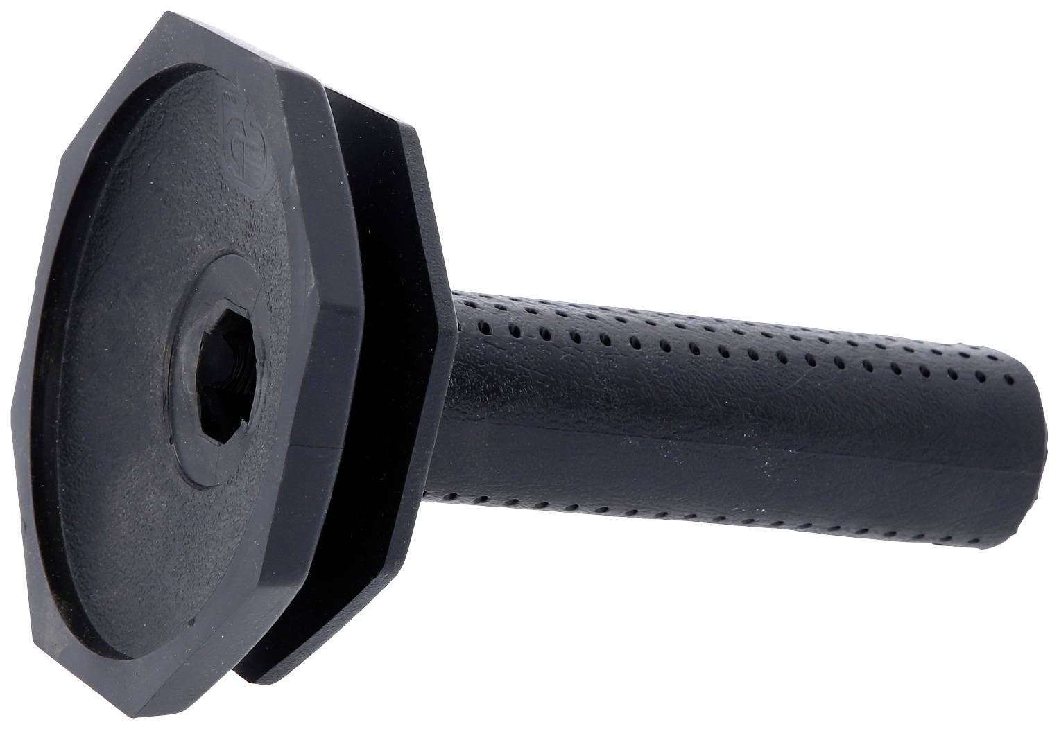 Ein schwarzer Kunststoff-Ankerbolzen mit sechseckigem Kopf und runder Basis, verwendet für Verankerung in festen Materialien.