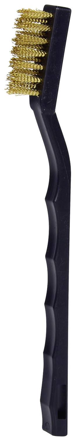 Eine schmale schwarze Bürste mit goldenen Borsten und ergonomischem Griff, speziell entworfen für detailgenaue Reinigungsaufgaben.
