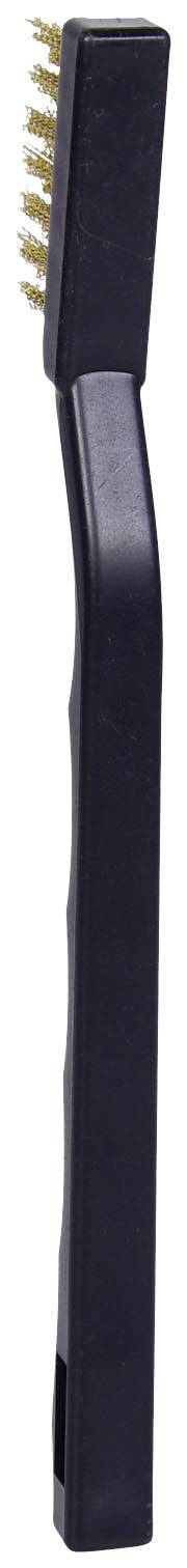 Schwarze Reinigungsbürste mit Messingborsten, seitlich betrachtet. Geeignet für die Reinigung von Metalloberflächen oder schwer zugänglichen Stellen.