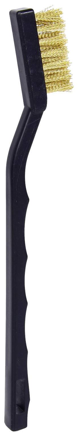 Schwarze Drahtbürste mit einem Kunststoffgriff und goldenen Borsten, genutzt für die Reinigung von Oberflächen.