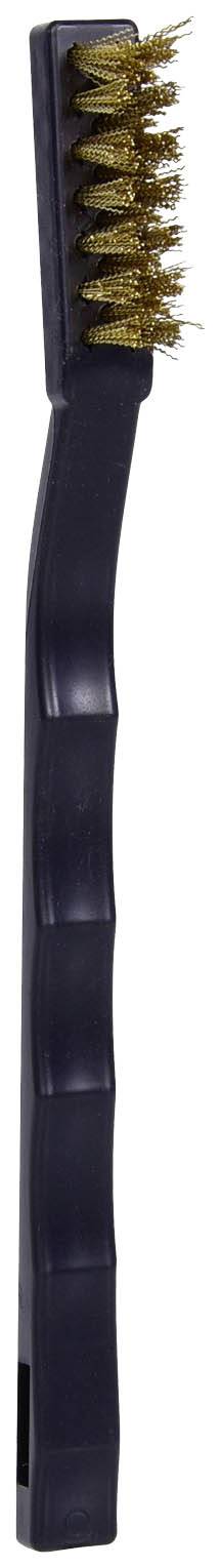 Schwarze Reinigungsbürste mit Borsten in Messingfarbe, geeignet für die Reinigung von Metall- oder schwer zugänglichen Oberflächen.