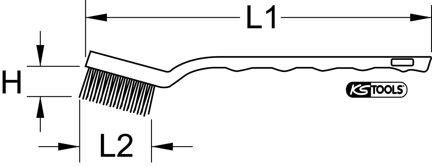 Technische Zeichnung einer Drahtbürste mit Griff, Maße: L1, L2, H; KS Tools-Logo rechts. Zeigt Bürsten- und Griffgröße.
