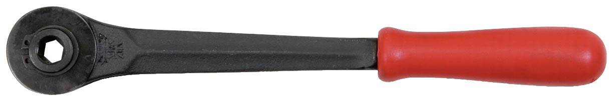 Ein schwarzer Ratschen-Schlüssel mit rotem Griff, geeignet zum Anziehen oder Lösen von Muttern und Schrauben.