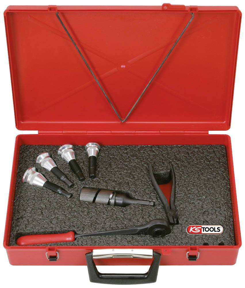 Roter Werkzeugkoffer mit schwarzer Schaumstoffeinlage, enthält diverse Werkzeuge und Zubehörteile von KS Tools.