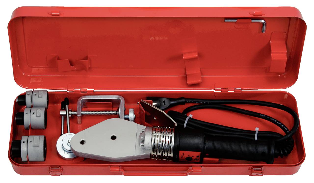 Rotes Werkzeugset mit einem Schweißgerät für Kunststoffrohre, mehreren austauschbaren Köpfen und einem Kabel in einem Metallkoffer.