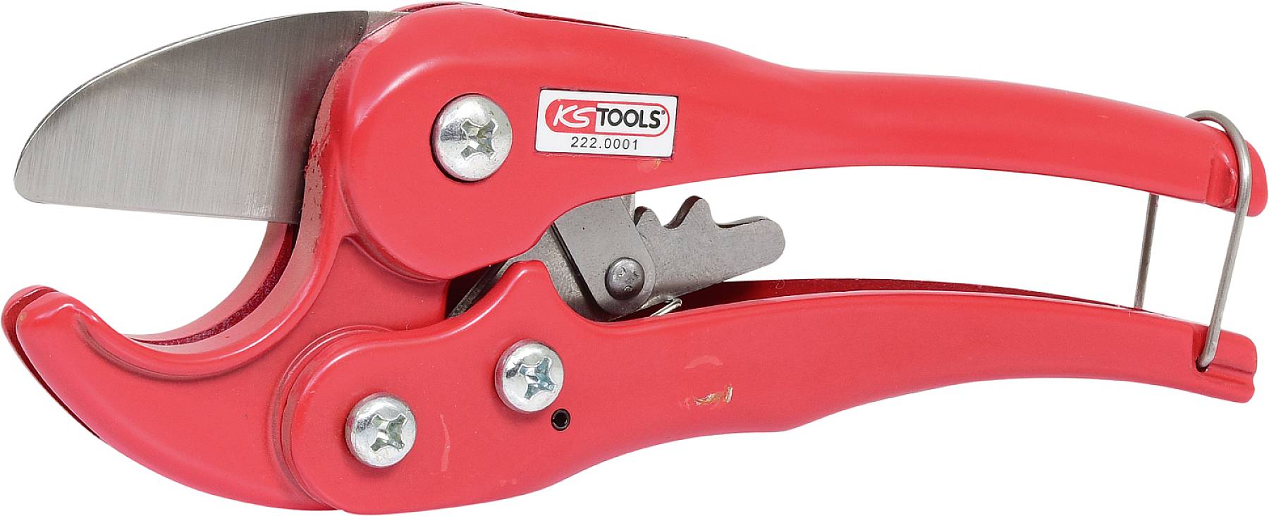 Eine rote Rohrschneiderzange mit Metallklinge und Markenschriftzug 'KS Tools'. Sie wird zum Schneiden von Rohren verwendet.
