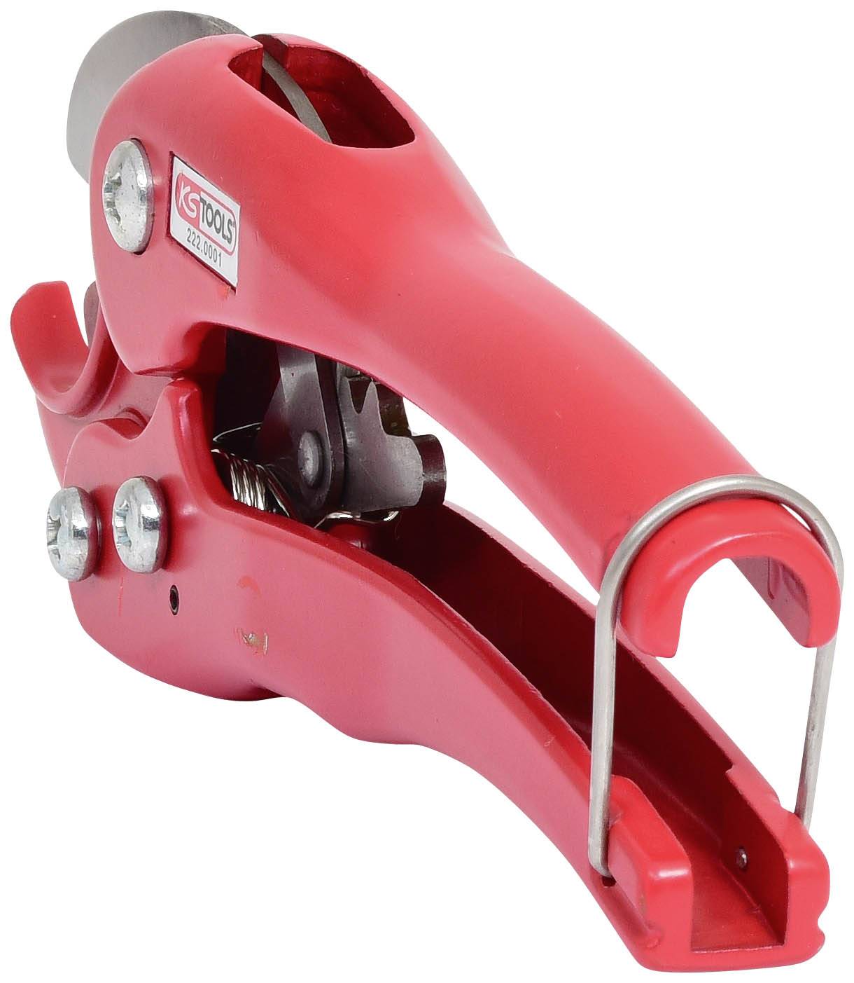 Die Abbildung zeigt eine rote Rohrschere, die ein Werkzeug mit einem scharfen Metallblatt und einem Hebelmechanismus ist.