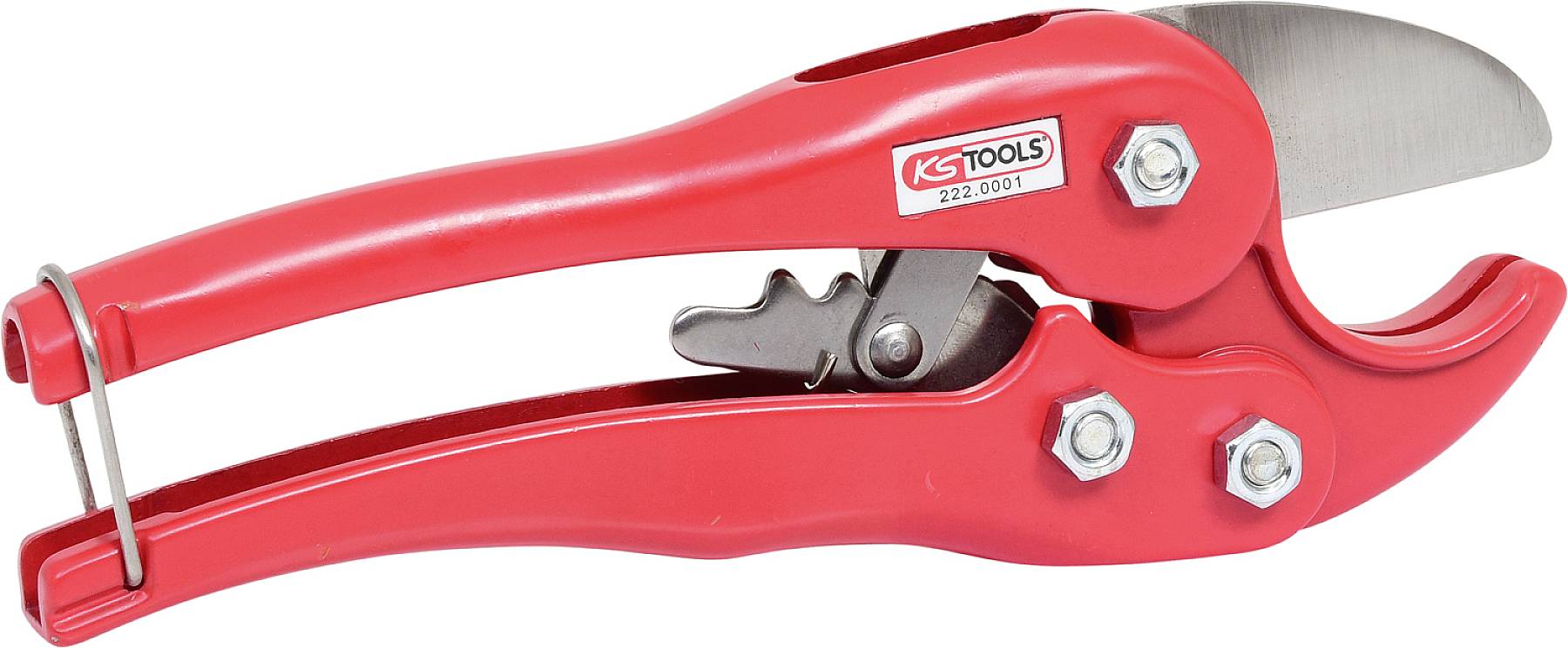 Rote Rohrschere mit silberner Klinge und Griffverriegelung, ideal zum Schneiden von PVC-Rohren. Enthält Markenlogo und Artikelnummer.