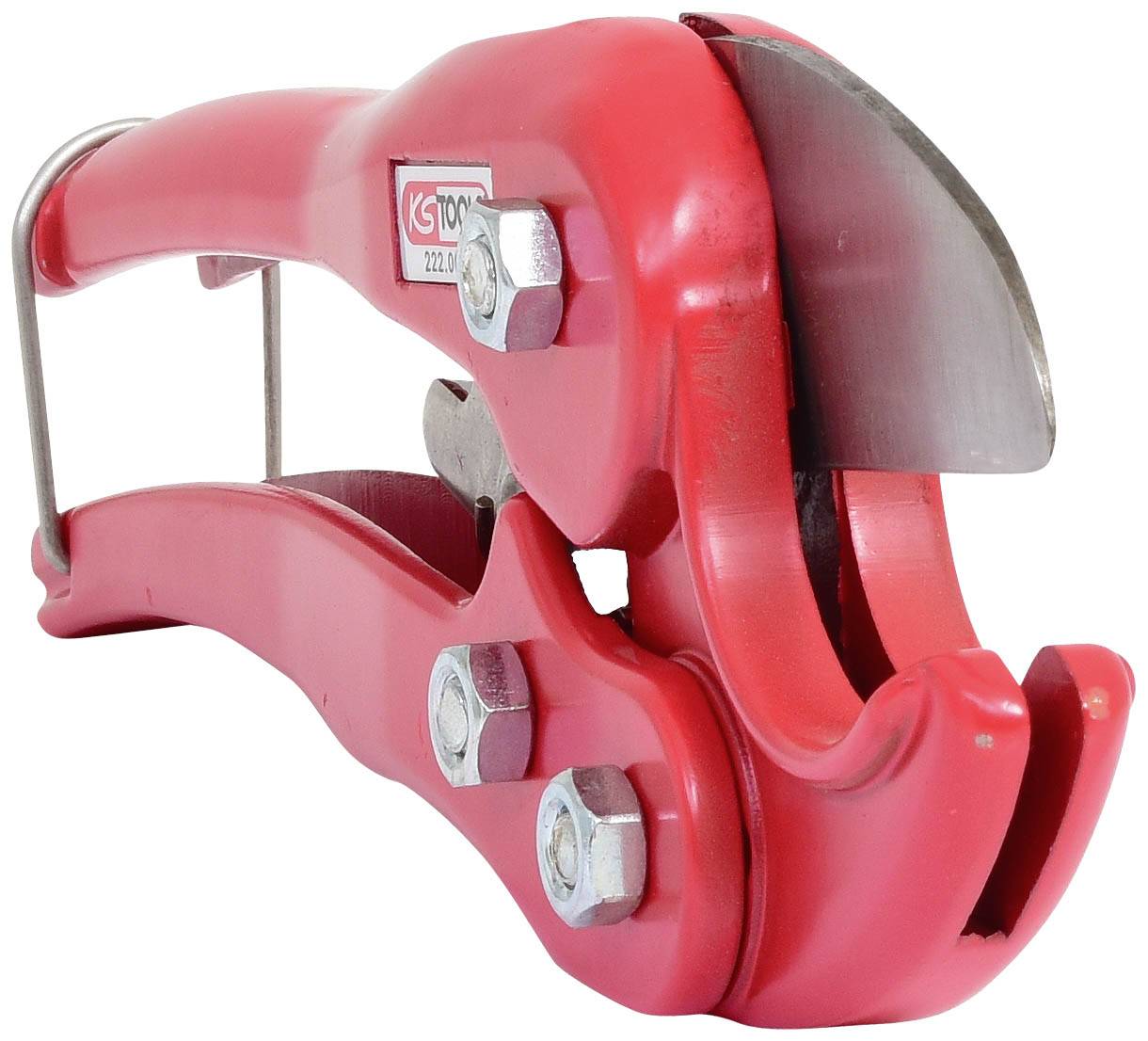 Eine rote Rohrschneidzange aus Metall mit einem ergonomischen Griff und einer scharfen Klinge, geeignet zum Schneiden von Rohren.