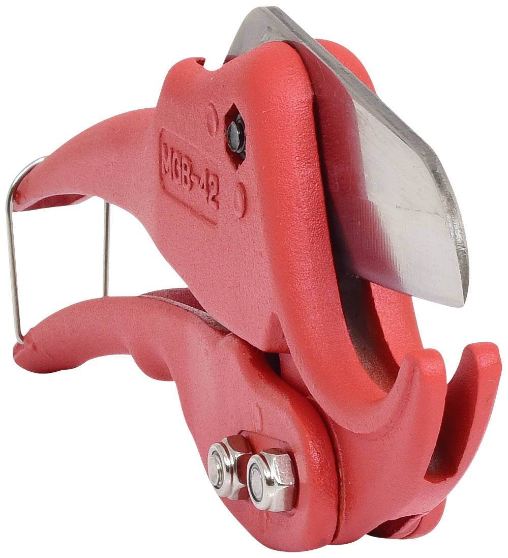 Rote Rohrschneiderzange aus Metall mit scharfer Klinge, geeignet für präzises Schneiden von Rohren in Handwerksarbeiten.