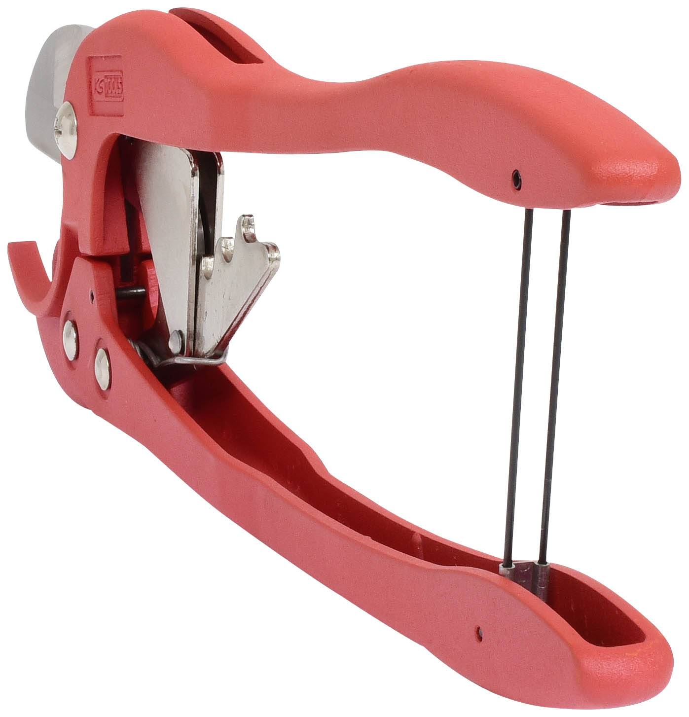 Roter Entkerner mit Griff und Metallmechanismus, verwendet zur Entfernung von Kernen aus Obst wie Kirschen oder Oliven.