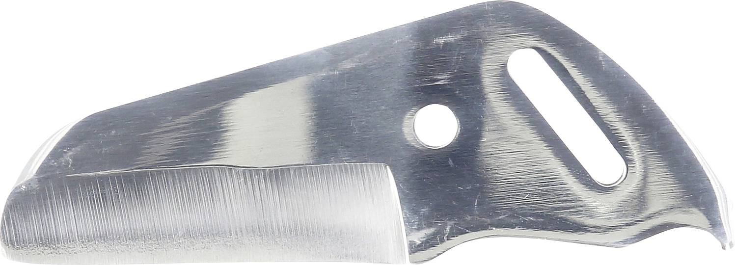 Edelstahlgebrauchsmesser mit abgerundetem Befestigungsende und scharfer Schneidekante, dargestellt auf weißem Hintergrund.