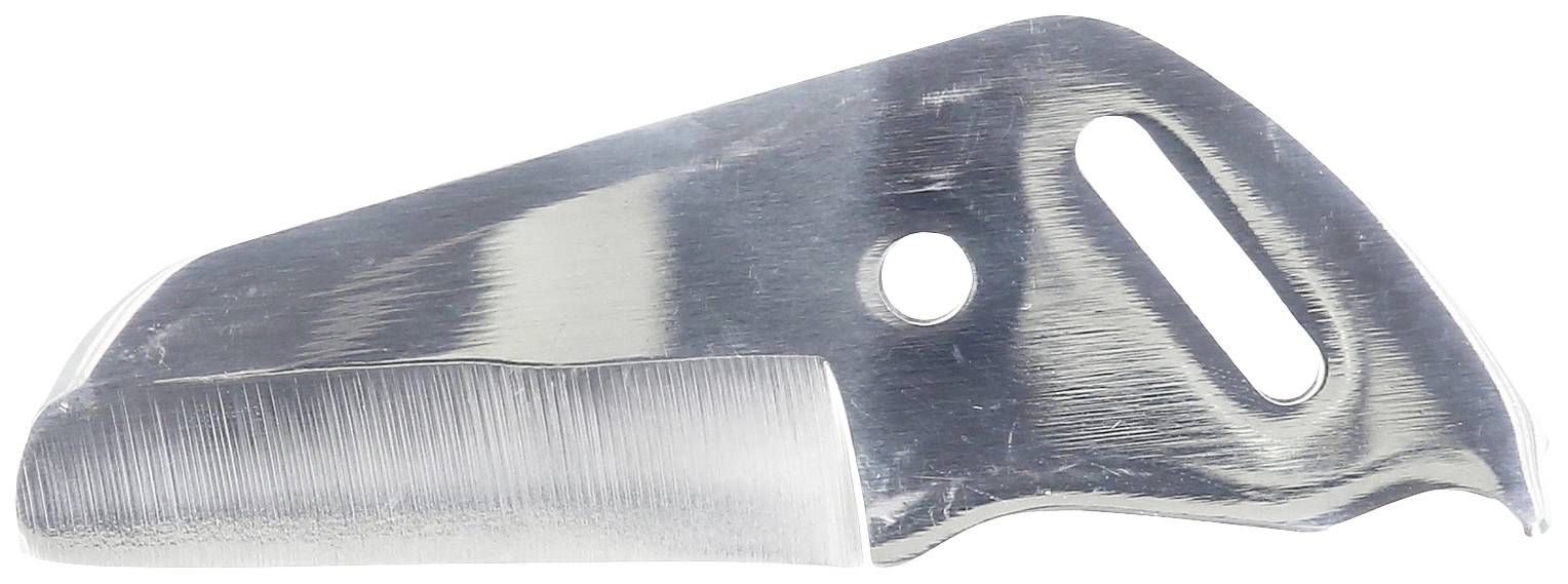 Ein silbernes Metallwerkzeug mit scharfer Kante und zwei Löchern, verwendet zum Schneiden oder Trennen von Materialien.