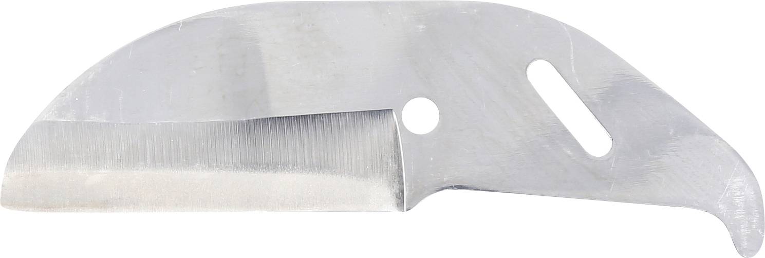 Nahaufnahme einer Metallklinge im Rasiermesser-Stil eines Universalmessers mit gebogenem Hakenende und Befestigungslöchern auf weißem Hintergrund.