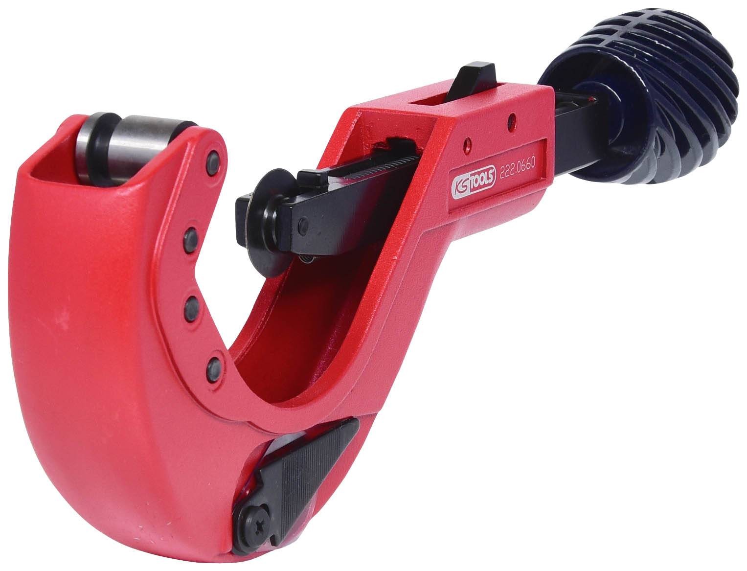 Rotes Rohrschneidegerät mit schwarzem Griff, verwendet zum präzisen Schneiden von Metallrohren.