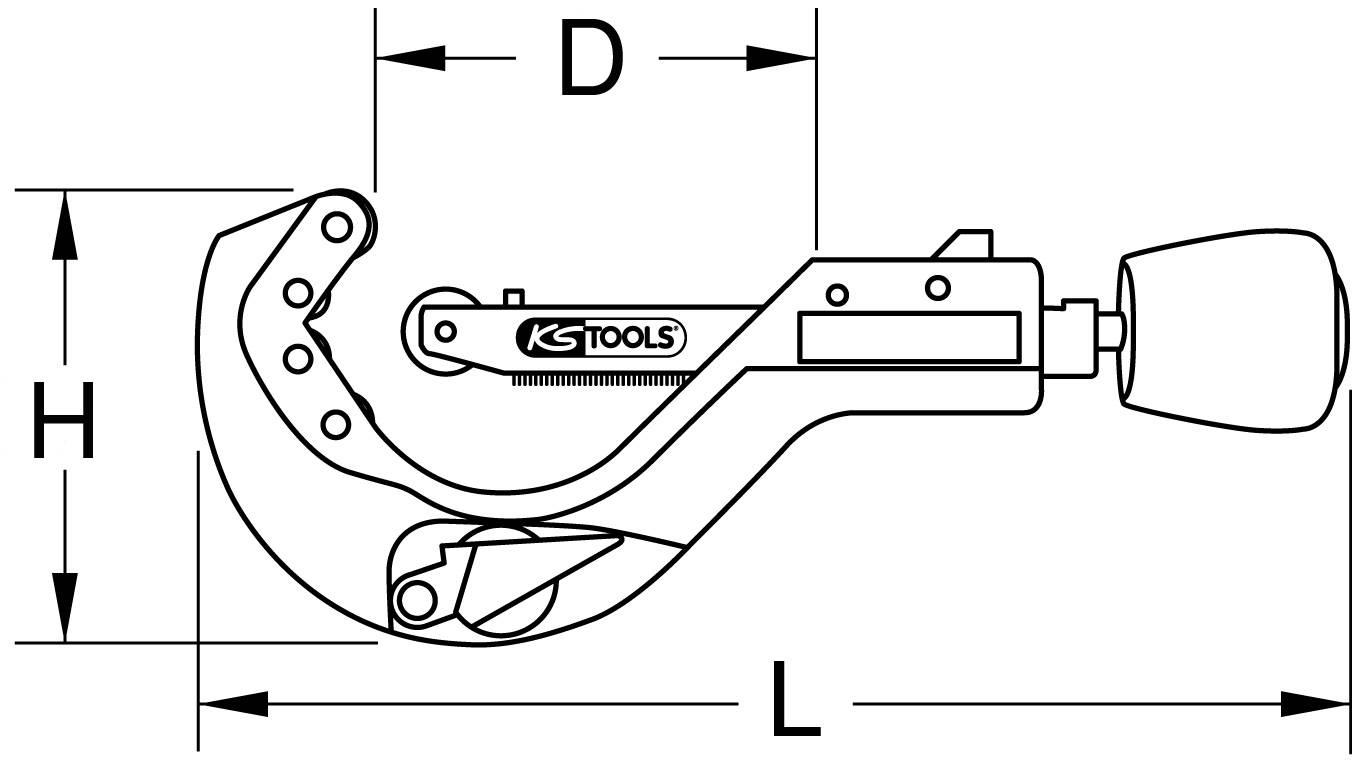 Zeichnung eines Rohrschneiders mit den Maßen H, D und L gekennzeichnet und einem Griff mit 'KS TOOLS' Logo.
