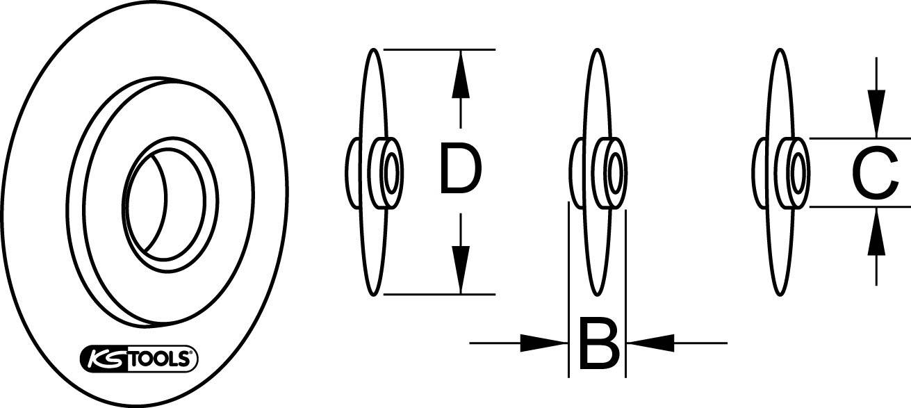 Schema mit drei Ansichten eines mechanischen Teils mit den Abmessungen B, C und D. Logo der Marke 'KS Tools' erscheint unten links.