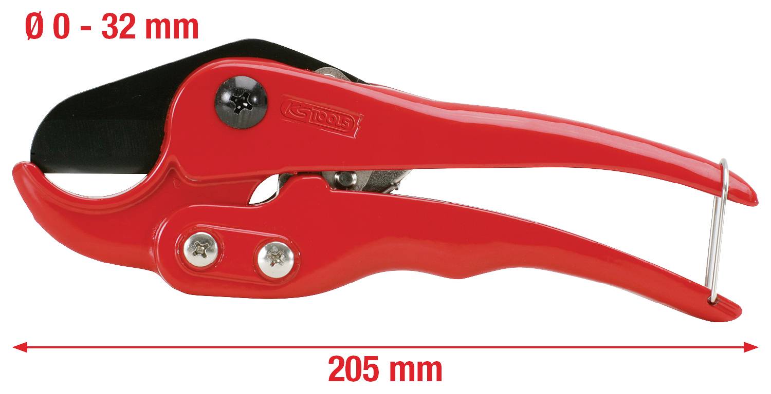 Rote PVC-Rohrschere mit einer Schnittstärke von 0 bis 32 mm und einer Gesamtlänge von 205 mm.