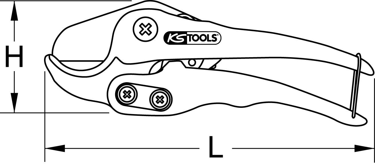 Eine Schere mit dem Logo 'KS Tools', gemessen in Länge (L) und Höhe (H), zeigt Details der Konstruktion.