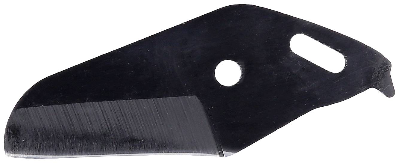 Ein schwarzes Ersatzmesser mit zwei Löchern, eines rund, das andere oval, und einer scharfen Kante auf der linken Seite.