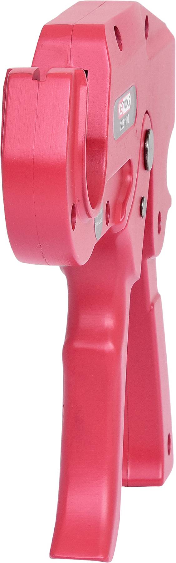 Ein rotes Handwerkzeug mit Griffen und einer Öffnung an der Spitze. Möglicherweise zum Schneiden oder Greifen von Materialien.