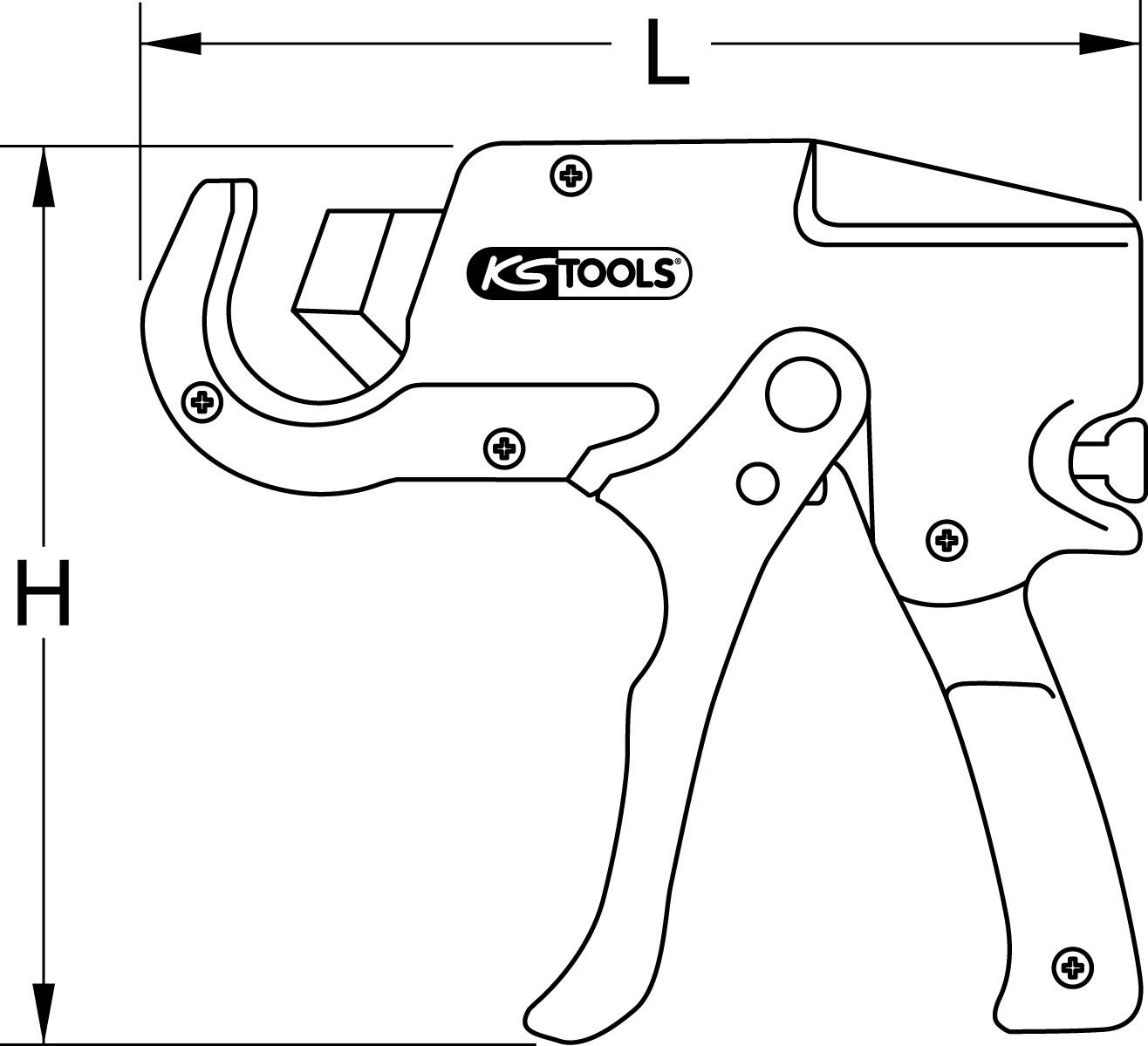 Schlauchabschneider mit Griff und Schneideklinge, markiert mit 'KS TOOLS'. Dimensionen 'H' und 'L' in der Abbildung angegeben.