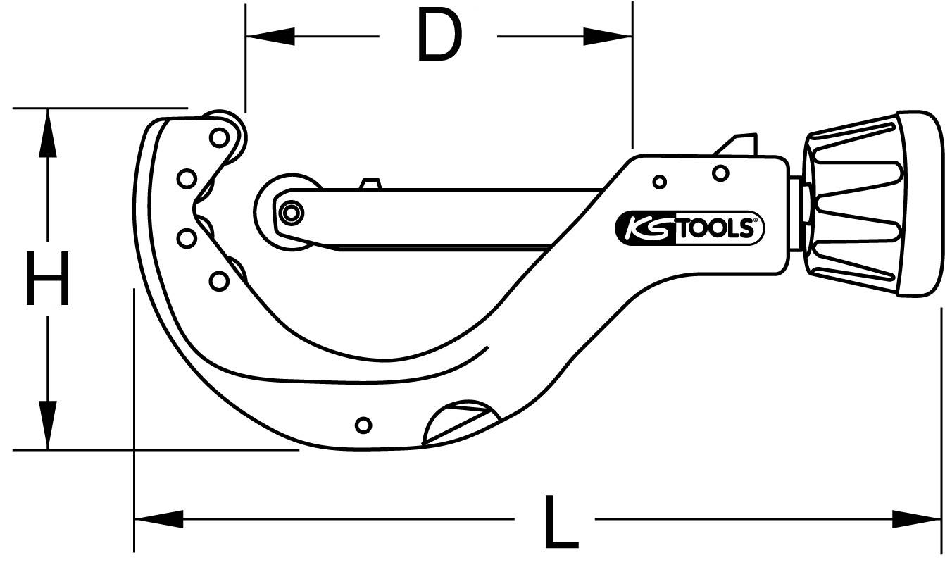 Technische Zeichnung eines Rohrschneiders von KS Tools mit Länge (L), Höhe (H) und Durchmesser (D) markiert. Mechanisches Werkzeug.