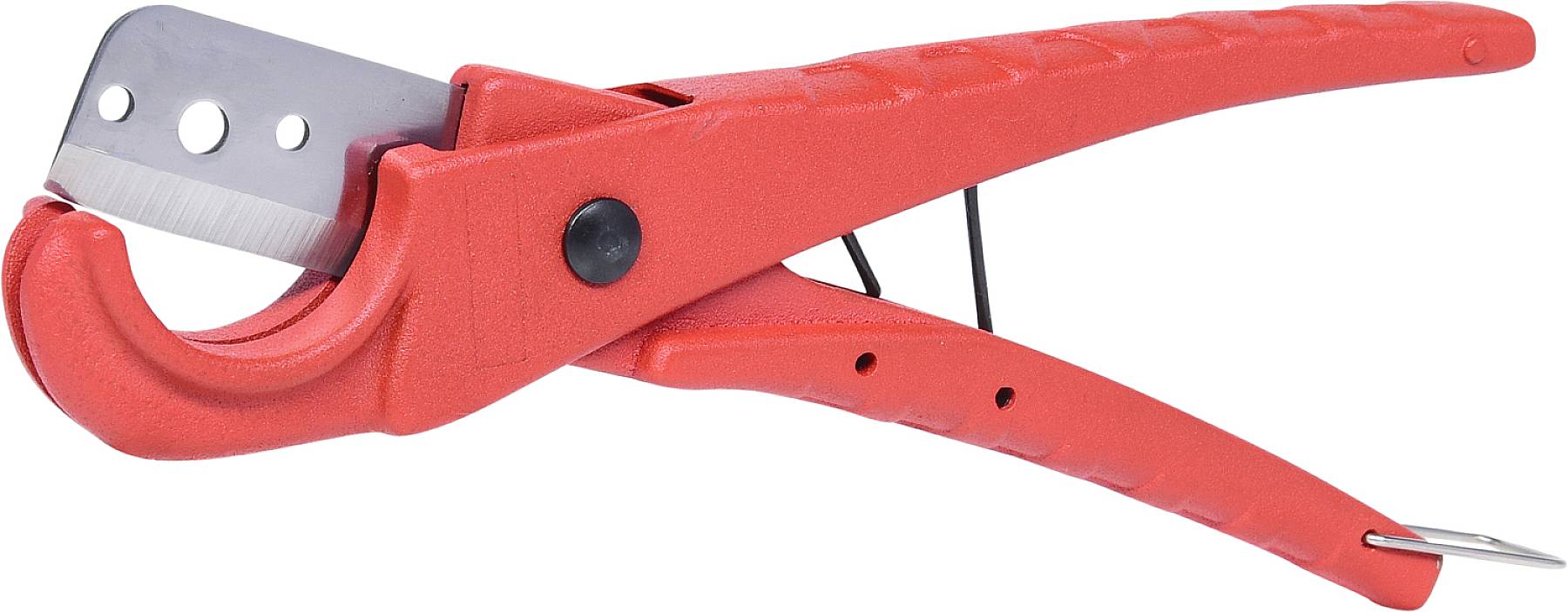 Rote Rohrschere mit gebogener Klinge und schwarzem Griffknopf, verwendet zum Schneiden von Kunststoff- und Gummirohren.