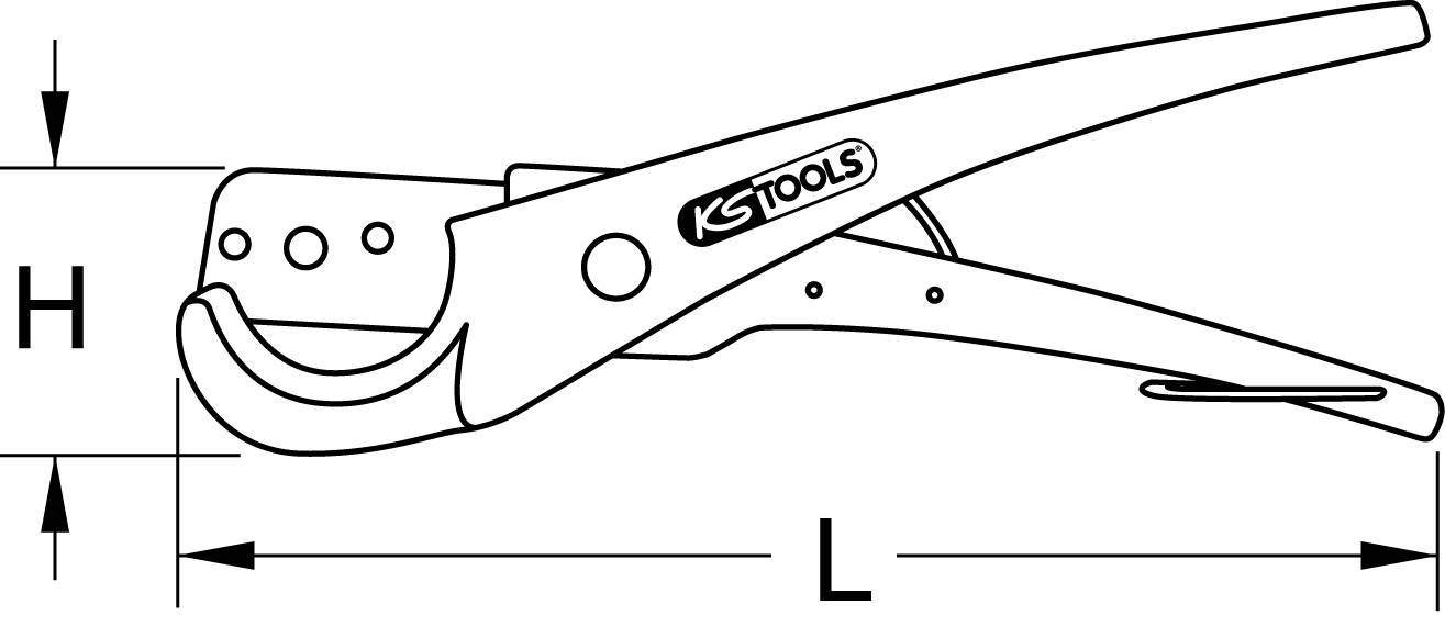 Zeichnung einer Klemmenzange mit zwei Maßlinien: Höhe (H) und Länge (L) sind angegeben. KS Tools-Logo auf der Zange.
