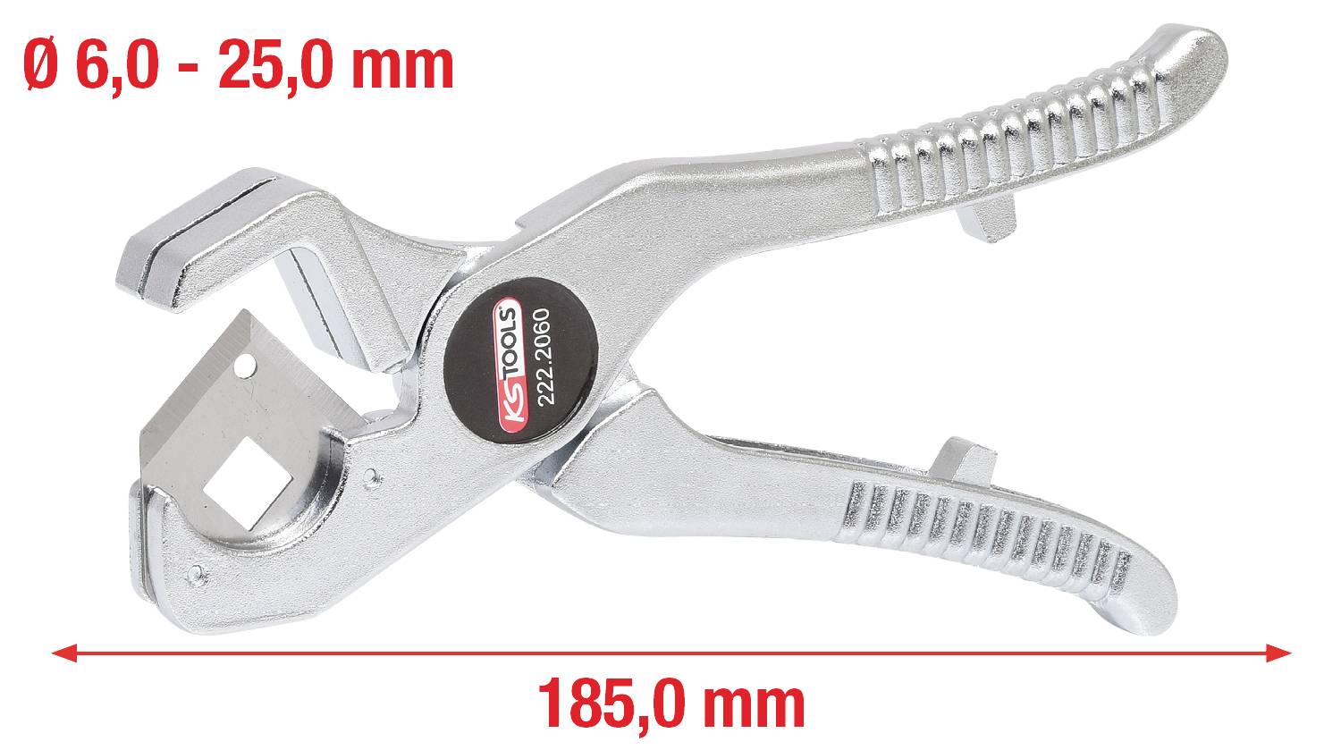 Metallzange zur Handhabung von Materialien mit Durchmessern zwischen 6,0 und 25,0 mm, Länge der Zange: 185,0 mm.