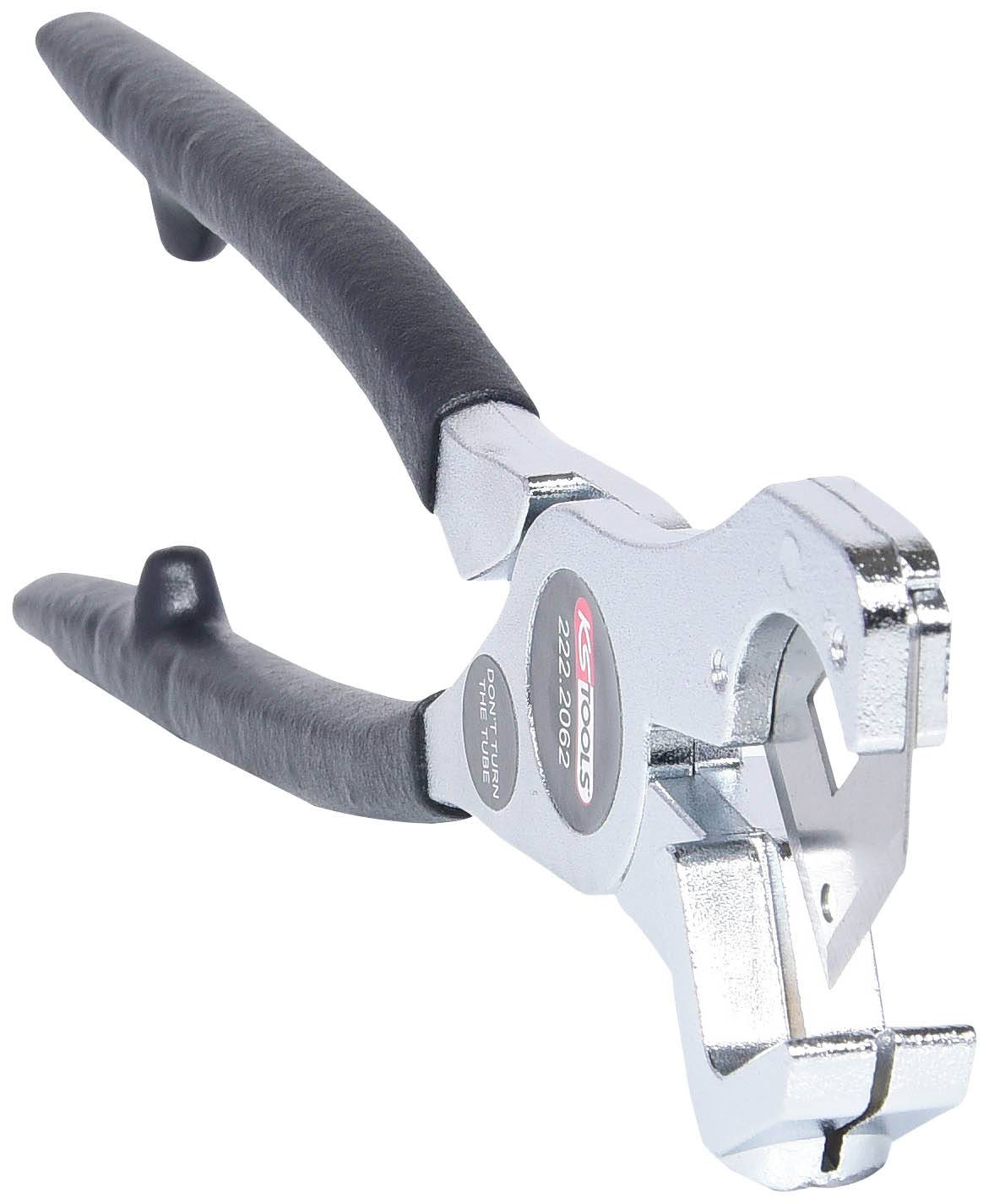 Handwerkzeug mit schwarzem Griff, ähnlich einer Zange, für industrielle oder technische Anwendungen. Silberne Metalloberfläche.